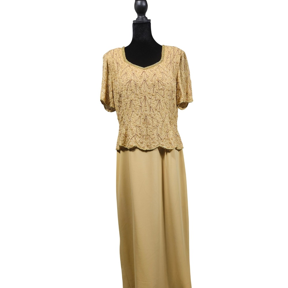 Aspeed Womens XL Gold Beaded Floral Sequin Short Sleeve Formal Maxi Dress Gown